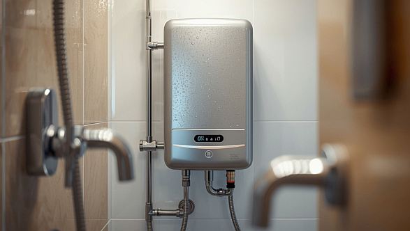 lucid-origin_A_sleek_silver_water_heater_is_securely_hung_on_a_white_bathroom_wall_surrounded-4